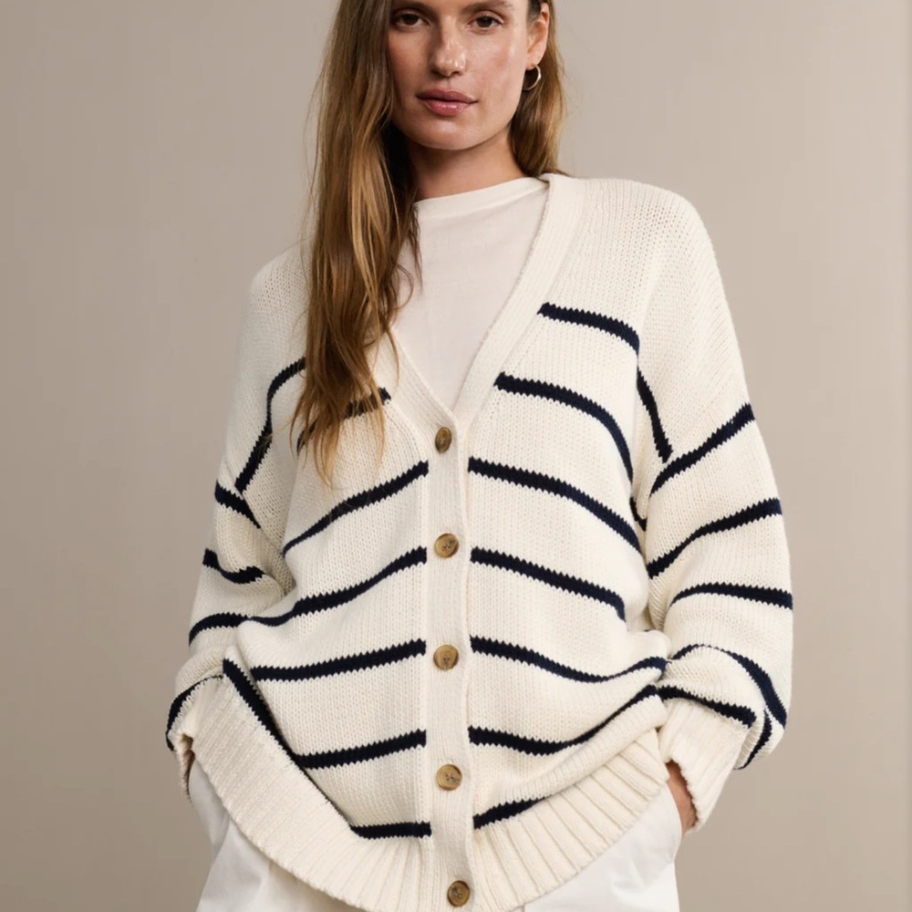 Jenni Kayne Cream and Black Nautical Cardigan Sweater